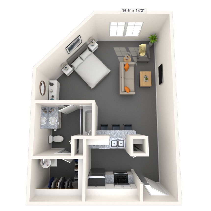 Floor plan for studio, 1 bath, 527 sqft
